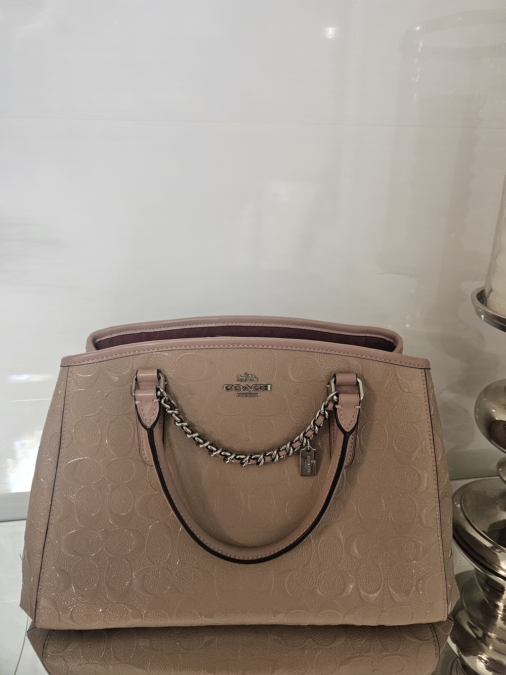 Coach Margot Carryall Signature Patent Leather Satchel - Blush Pink - Picture 1 of 6